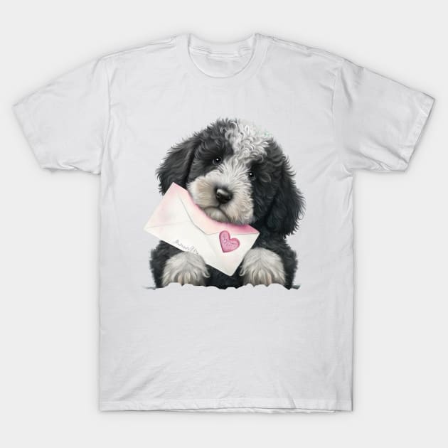 Valentines sheepadoodle pup with a love letter - for your dog-loving valentine T-Shirt by UmagineArts